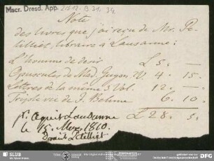 Rechnung von Unbekannt an August Wilhelm von Schlegel, Lausanne, 15.03.1810