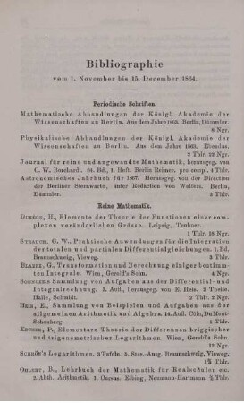 Bibliographie vom 1. November bis 15. December 1864.