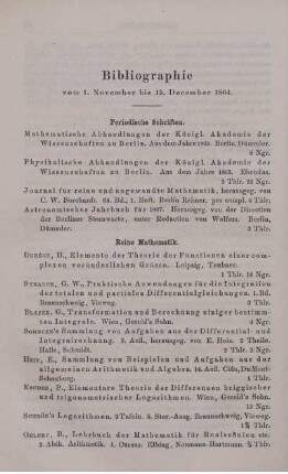 Bibliographie vom 1. November bis 15. December 1864.