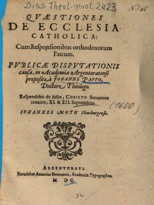 Qvaestiones De Ecclesia Catholica : Cum Responsionibus orthodoxorum Patrum