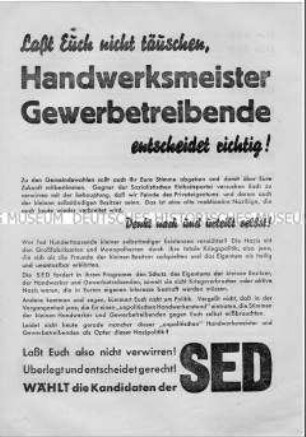 Aufruf der SED an die Handwerksmeister und Gewerbetreibenden zu den Gemeindewahlen 1946 und Programm der Interessenvertretung dieser Berufsgruppen