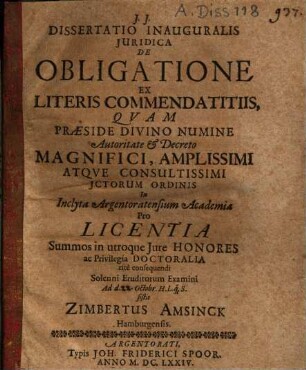 Dissertatio Inauguralis Juridica De Obligatione Ex Literis Commendatitiis