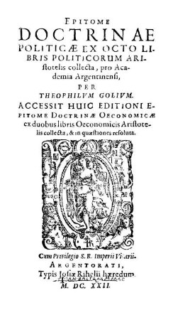 Epitome Doctrinae Politicæ Ex Octo Libris Politicorum Aristotelis collecta, pro Academia Argentinensi