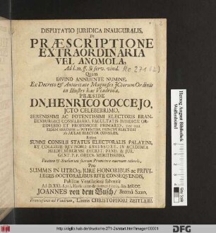 Disputatio Iuridica Inauguralis, De Praescriptione Extraordinaria Vel Anomola : Ad l. 10. ff. Si serv. vind.