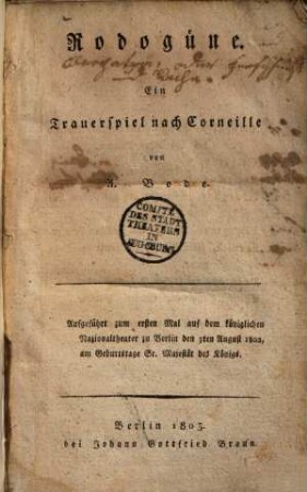 Rodogüne : ein Trauerspiel nach Corneille