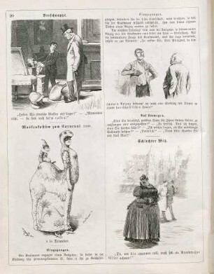"Verschnappt" "Maskenkostüm zum Carneval 1886" "Eingegangen" "Schlechter Witz"
