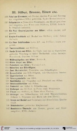 III. Silber, Bronze, Eisen etc. (Nr. 124-194)