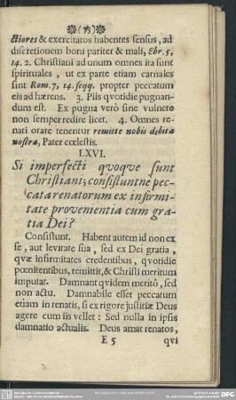 LXVI. Si imperfecti quoque sunt Christiani, consistuntne peccata renatorum ex infirmitate provenientia cum gratia Dei?