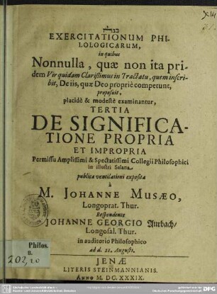 Exercitationum philolog. in quibus nonulla, quae non ita pridem Vir quidam Clarissimus in Praelatu, quem inscribit "De iis quae Deo proprie competunt" proposuit : placide et modeste examinantur, tertia de significatione propria et inpropria