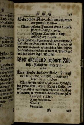 Von allerhand schönen Fürniß-Künsten untereinander. - Holländischen Fürniß zu machen/...