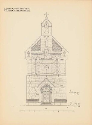 Romanische Kirche mit gotischem Chor: Vorderansicht 1:50 (aus: Drucke von Seminararbeiten der Königlich Technischen Hochschule Berlin, Bd. III)