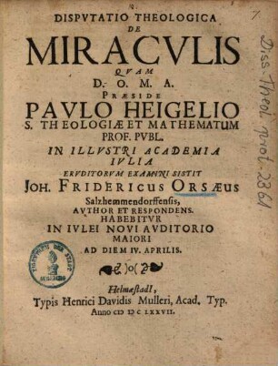 Dispvtatio Theologica De Miracvlis