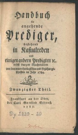 20. Theil (1784): Handbuch für angehende Prediger