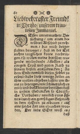 Liebwehrtester Freund! in Christo / unserem trautesten Immanuel