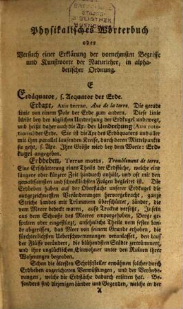 Physikalisches Wörterbuch oder Versuch einer Erklärung der vornehmsten Begriffe und Kunstwörter der Naturlehre : mit kurzen Nachrichten von der Geschichte der Erfindungen und Beschreibungen der Werkzeuge begleitet ; in alphabetischer Ordnung, 2. Von Erd bis Lin