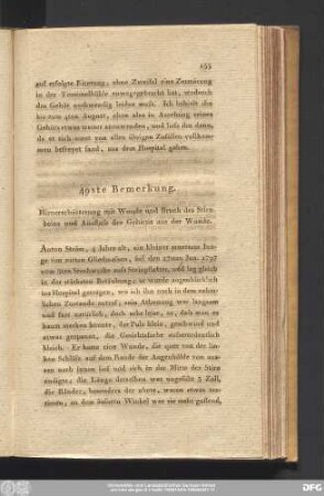 49ste Bemerkung. Hirnerschütterung mit Wunde und Bruch des Stirnbeins und Ausfluss des Gehirns aus der Wunde.