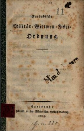 Kurbadische Militär-Wittwen-Fisci-Ordnung