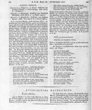 [Sammelrezension dreier belletristischer Texte] Rezensiert werden: 1. Uhland, L.: Gedichte. Stuttgart, Tübingen: Cotta 1826 2. Hölderlin, F.: Gedichte. Tübingen: Cotta 1826 3. Kerner, J.: Gedichte. Tübingen: Cotta 1826