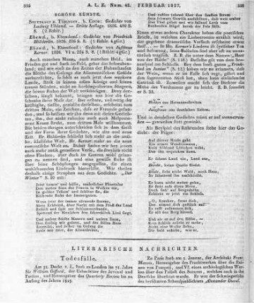 [Sammelrezension dreier belletristischer Texte] Rezensiert werden: 1. Uhland, L.: Gedichte. Stuttgart, Tübingen: Cotta 1826 2. Hölderlin, F.: Gedichte. Tübingen: Cotta 1826 3. Kerner, J.: Gedichte. Tübingen: Cotta 1826