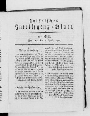 14tes Stück, Ausgabe vom 6. April 1810