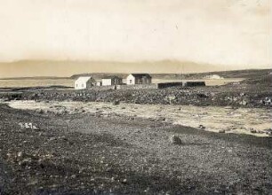 Reykjavík (Island). Küstenlandschaft mit drei Wohnhäusern