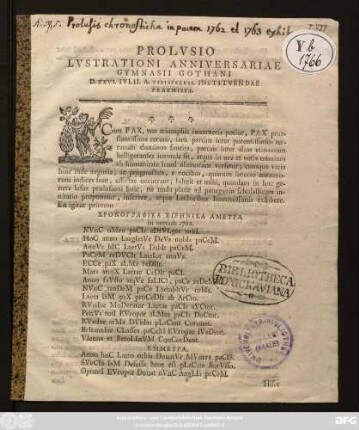 Prolvsio Lvstrationi Anniversariae Gymnasii Gothani D. XXVI. Ivlii. A. MDCCLXII. Institvendae Praemissa