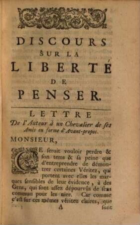 Discours sur la liberté de penser ...