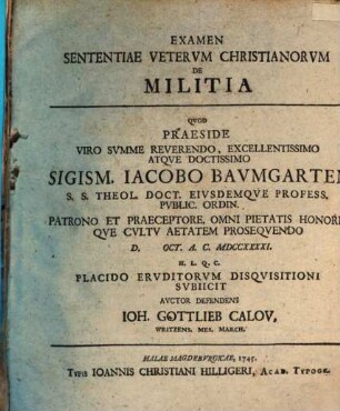 Examen Sententiae Vetervm Christianorvm De Militia