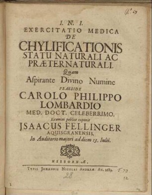 Exercitatio Medica De Chylificationis Statu Naturali Ac Praeternaturali