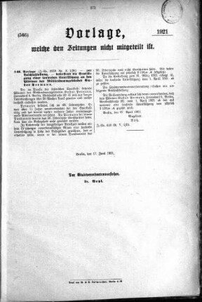 Anlagen: (566), Vorlagen, welche den Zeitungen nich mitgeteilt sind, 17. Juni 1921
