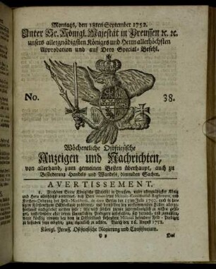 No. 38. Montags, den 18ten September 1752.