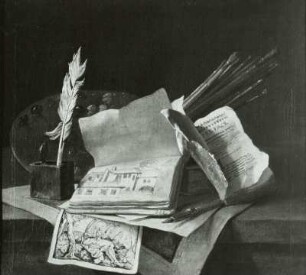 Tisch im Künstleratelier mit Büchern, Schreib- und Malgeräten : Tisch im Künstleratelier mit Schreib- u. Malgeräten, um 1713