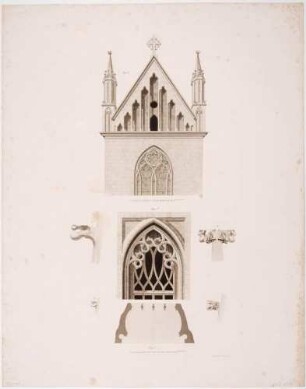 Architektonische Details und Schmuckelemente der südlichen Giebelseite des Domes in Meißen, mit Maßangabe in rheinischem Fuß, Blatt Nr. 3. aus Mappenwerk "Der Dom zu Meißen" von Friedrich Wilhelm Schwechten