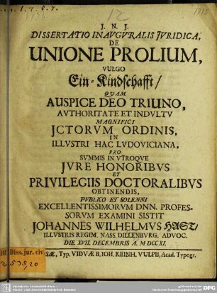 Dissertatio Inauguralis Iuridica, De Unione Prolium, Vulgo Ein-Kindschafft