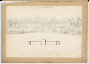 Orangerie Monatskonkurrenz November 1850: Lageplan mit Grundriss, Aufriss Gartenansicht; 2 Maßstabsleisten