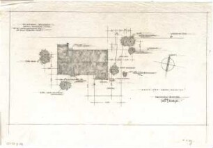 Gsaenger, Gustav; München - Obermenzing, Grünspechtstr. 13; Ev. Notkirche, Bethlehems Kirche, Pfarrhaus - Notkirche, Garten u. Bepflanzung (Grundriss)