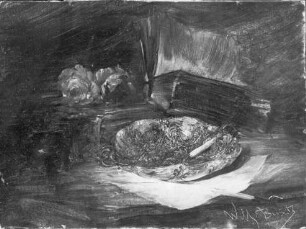 Stilleben (Aschenbecher, 2 Bücher, 2 Rosen)