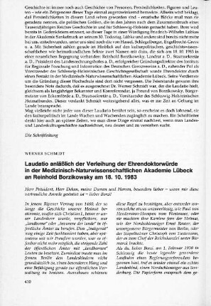 Laudatio anläßlich der Verleihung der Ehrendoktorwürde in der Medizinisch-Naturwissenschaftlichen Akademie Lübeck an Reinhold Borzikowsky am 18.10.1983