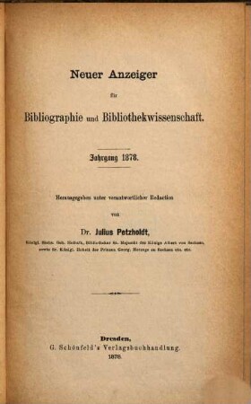 Neuer Anzeiger für Bibliographie und Bibliothekwissenschaft, 1878