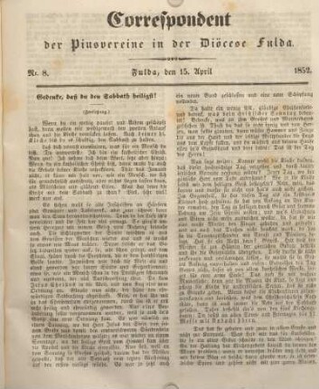 Nr. 8. Fulda, den 15. April 1852.