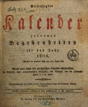 Verbesserter Kalender seltener Begebenheiten. 1806