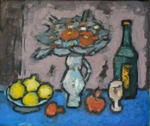 unbenannt [Stillleben mit Blumen, Früchten, Glas und Flasche]