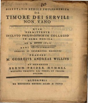 Dispvtatio Ethico Philosophica De Timore Dei Servili Non Vano