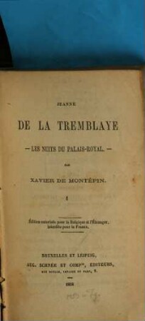 Jeanne de la Tremblaye : les nuits du Palais-Royal, 1