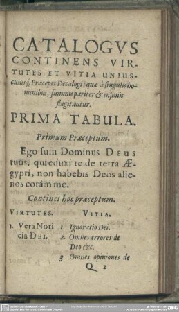 Catalogus Continens Virtutes Et Vitia Uniuscuiusq[ue] Praecepti Decalogi: quae a singulis hominibus, summis pariter & infimis flagitantur