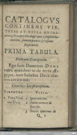 Catalogus Continens Virtutes Et Vitia Uniuscuiusq[ue] Praecepti Decalogi: quae a singulis hominibus, summis pariter & infimis flagitantur