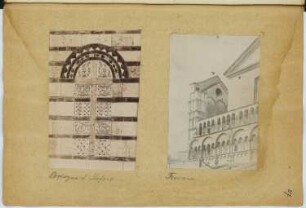 Santo Stefano (Santo Sepulcro), Bologna. Dom San Giorgio, Ferrara: Blendfenster und Teilausschnitt de Westfassade (aus: Skizzen- und Fotoalbum 5)