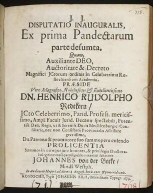 Disputatio Inauguralis, Ex prima Pandectarum parte desumta