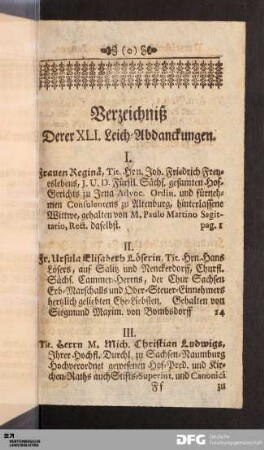 Verzeichniß Derer XLI. Leich-Abdanckungen.