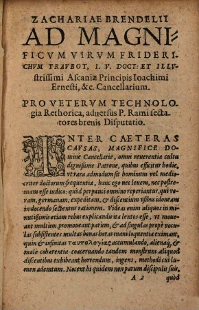 Zachariae Brendelii Pro veterum technologia rethorica adversus P. Rami sectatores brevis disputatio